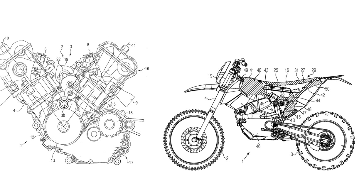 Bild links: V2 Motorradmotor Bild rechts: Motorrad mit in den Kraftstofftank integriertem Luftfilterelement